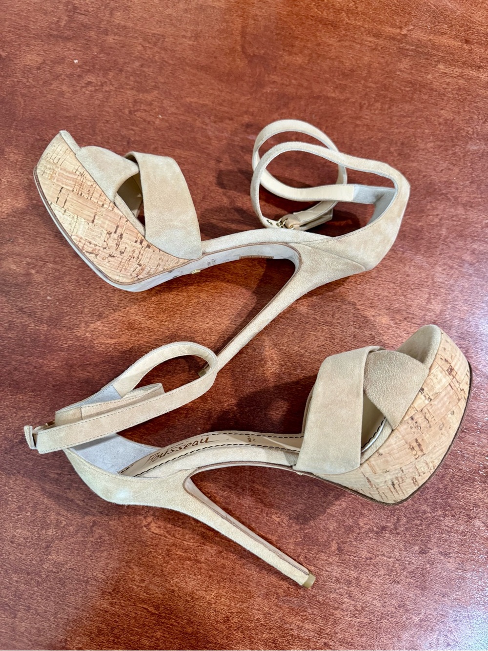 Jerome C. Rousseau Nude Suede Cork Platform Stiletto Sandals with Ankle Strap